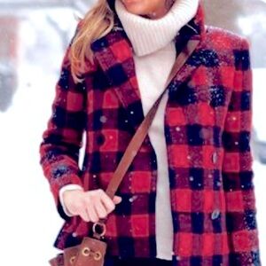 J.Crew Red/Navy Buffalo Check Pea Coat
